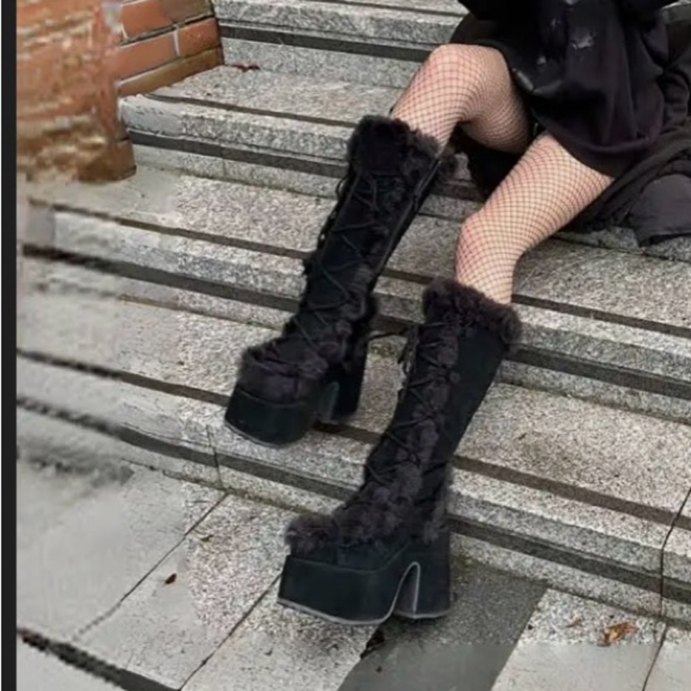 Demonia Black Fur Platform Boots